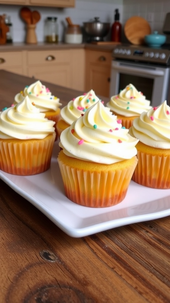 Delicious Sourdough Vanilla Cupcakes Delicious sourdough vanilla cupcakes with buttercream frosting and sprinkles on a rustic plate.